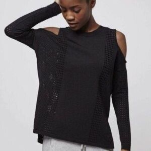 Topshop Black Cold Shoulder Laser Cut High Low Long Sleeve Top, size 6